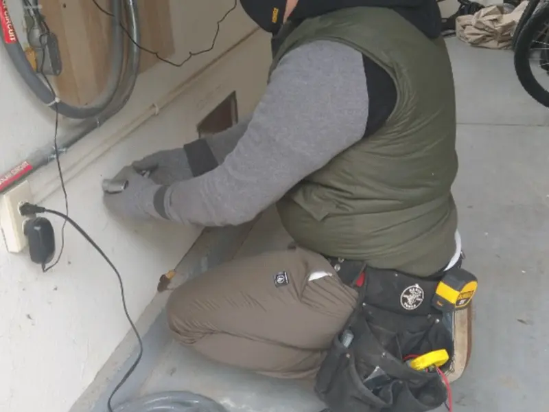 Electrician performing outlet wiring in a Truth or Consequences garage